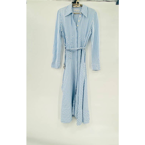 TIBI Summer-Fresh Midi Shirtdress Long Sleeve Gingham Printed Blue Size 4 - Picture 3 of 13